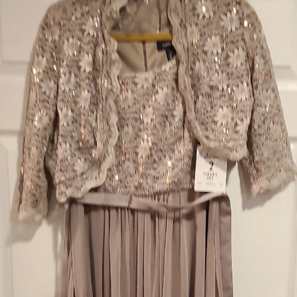 adrianna papell dress beige One Shoulder Organza Jacquard High Low Gown In Champagne Ivory main image 1